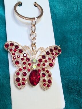 Gold Toned red And White Crystal Butterfly Key Chain
